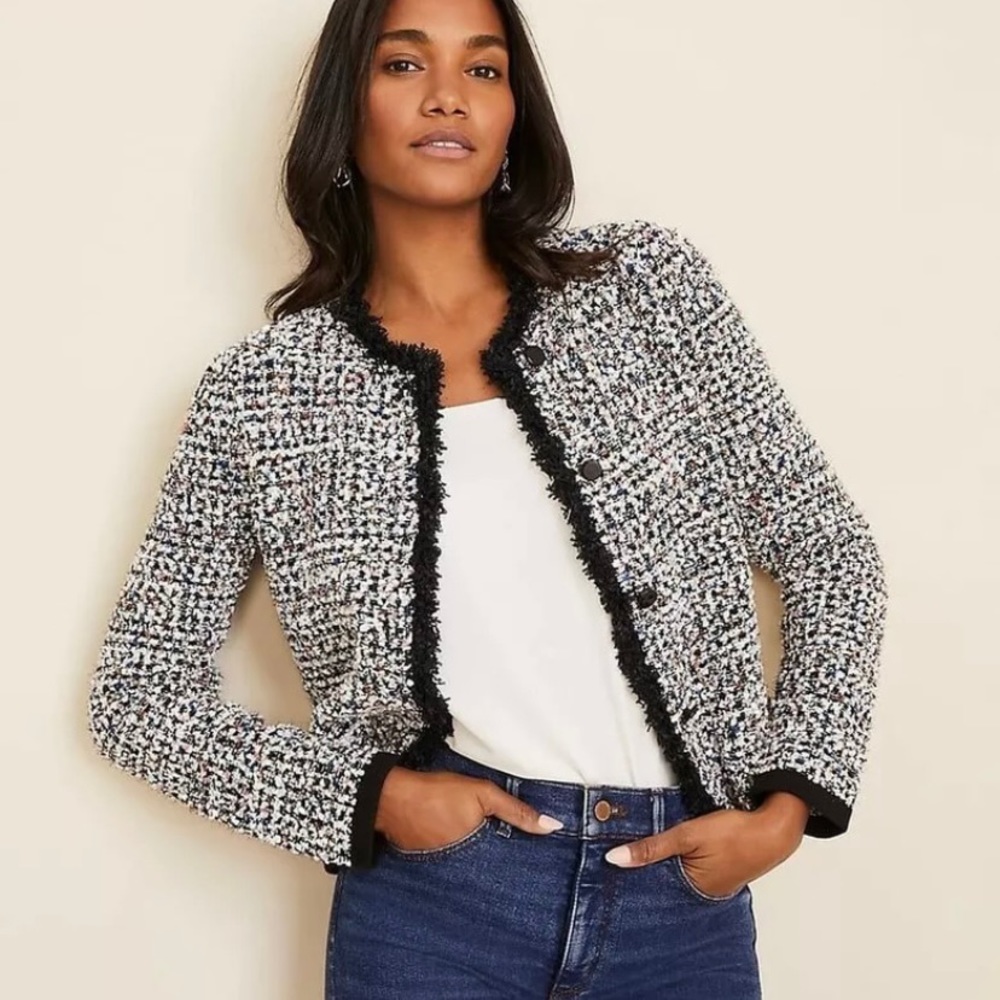 Ann Taylor Fringe Tweed Sweater Jacket